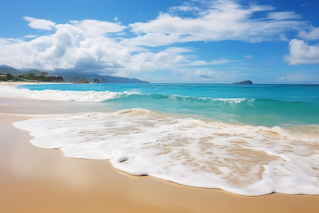 Uma bela praia com uma vista panorâmica do mar, água limpa e um céu azul.