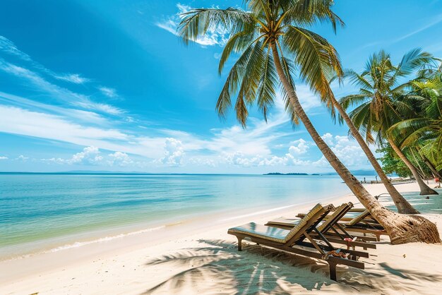 Uma bela praia de areia aberta com camas de praia conceito de verão