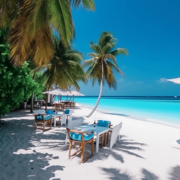 uma bela praia de areia branca com um bar, área de relaxamento com palmeiras e mar azul