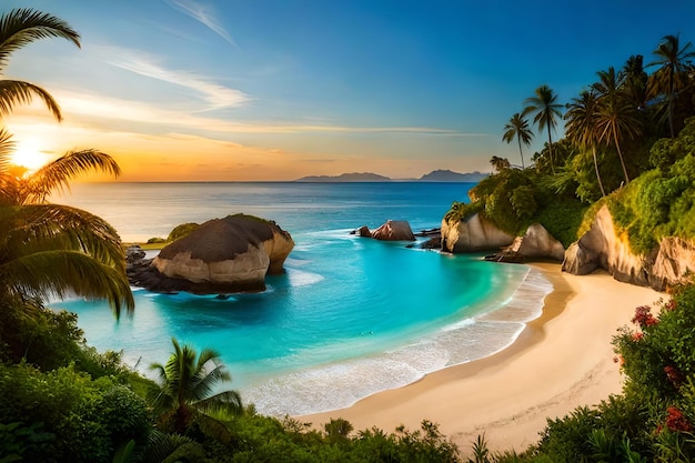 Uma bela praia marítima com ondas oceânicas de fundo por do sol batendo na costa durante o dia