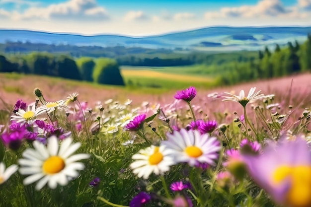 Uma bela primavera ensolarada prado de verão paisagem panorâmica colorida natural com muitos selvagens