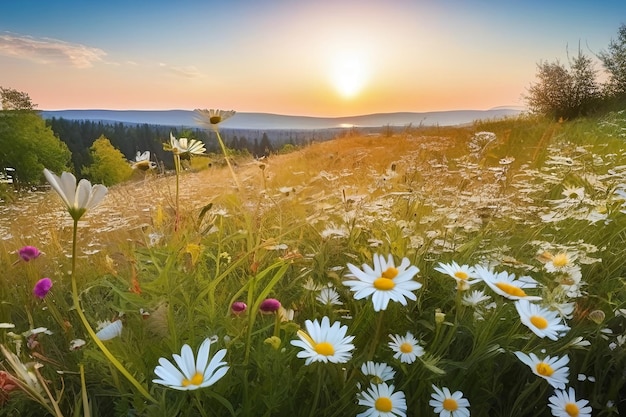 Uma bela primavera ensolarada prado de verão paisagem panorâmica colorida natural com muitos selvagens