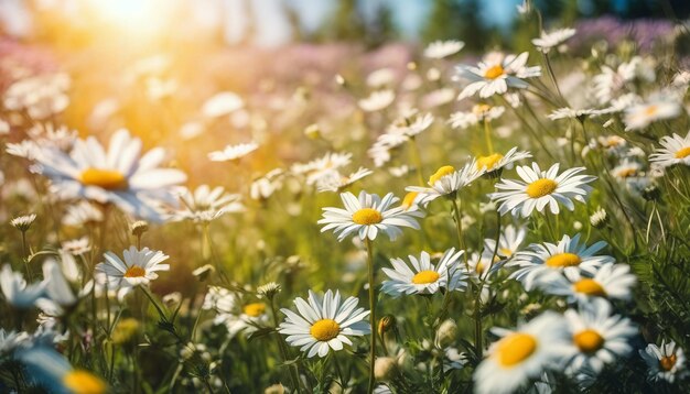 Uma bela primavera ensolarada prado de verão paisagem panorâmica colorida natural com muitos selvagens