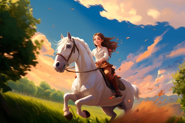 Uma bela princesa a cavalgar num cavalo bonito.