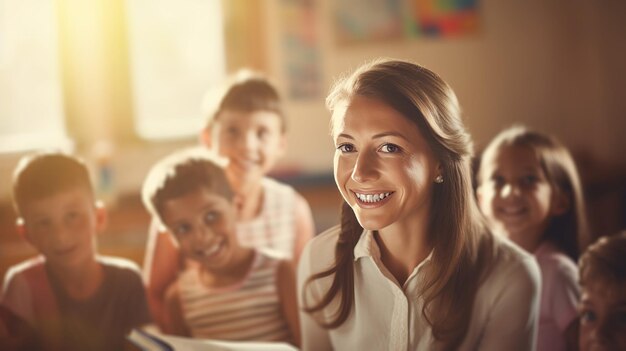 Foto uma bela professora sorridente na aula de crianças irradia positividade.