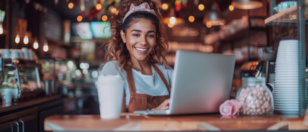 Uma bela proprietária de uma cafeteria latina está trabalhando em um laptop e revisando o inventário em um café aconchegante Um gerente de restaurante está navegando na internet e conversando com amigos VFX Realidade Aumentada