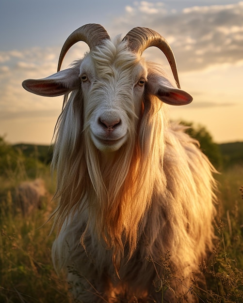 Uma bela raça de cabra Boer de cor branca de pé na frente do céu de fundo gerado por IA foto
