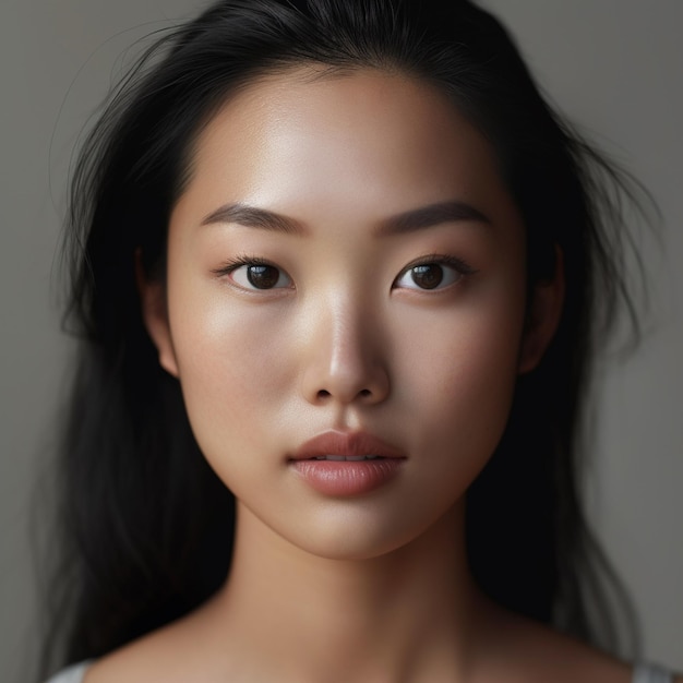 Uma bela rapariga chinesa vista de frente com uma textura de pele rica, um olhar fresco.
