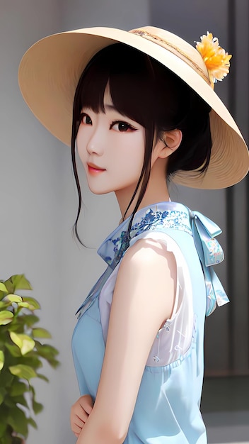 Uma bela rapariga coreana com um chapéu e um vestido azul céu