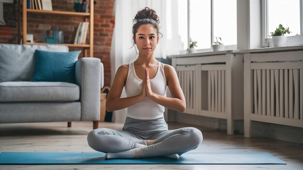 Uma bela rapariga faz exercícios de ioga no chão.