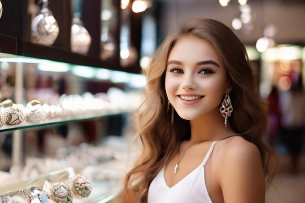 Uma bela rapariga feliz com pele branca e rosto bonito a comprar brincos numa joalheria.