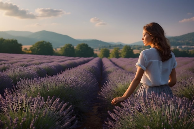 Uma bela rapariga num campo de lavanda