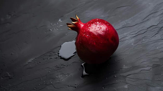 Foto uma bela romã molhada senta-se numa superfície de mármore escuro as gotas de água na fruta e na superfície brilham na luz