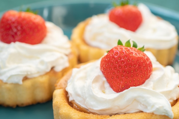 Uma bela sobremesa de pão de ló e creme com morangos