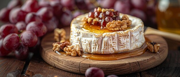 Foto uma bela tábua de madeira com camembert e queijo fumado, mel, nozes e uvas.