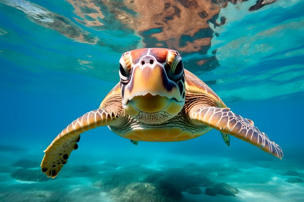 Uma bela tartaruga marinha nada nas profundezas do mar