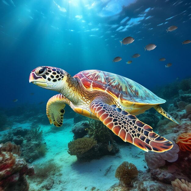 Uma bela tartaruga marinha nadando no recife subaquático