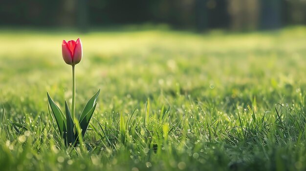 Foto uma bela tulipa vermelha ergue-se em um campo verde exuberante o orvalho da manhã brilha na grama e nas pétalas