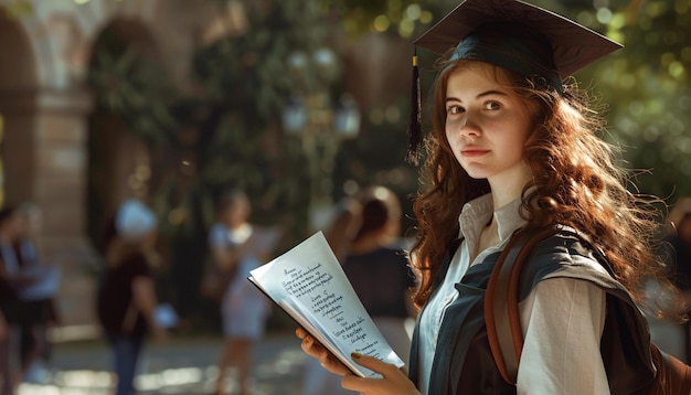 Uma bela universitária recebendo seu diploma carregando papéis
