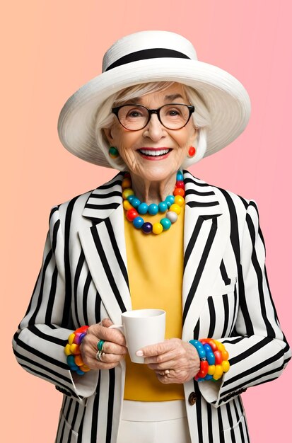 Uma bela velhota de chapéu e camisa amarela com um chapéu preto e branco segurando uma chávena na mão