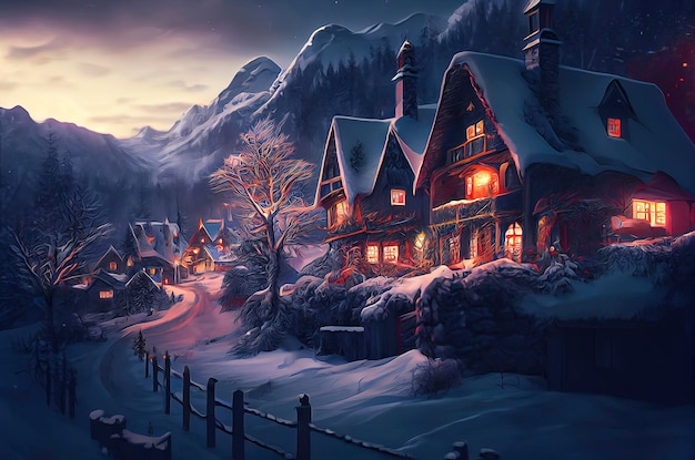 Uma bela vila natalina nas montanhas Paisagem de inverno