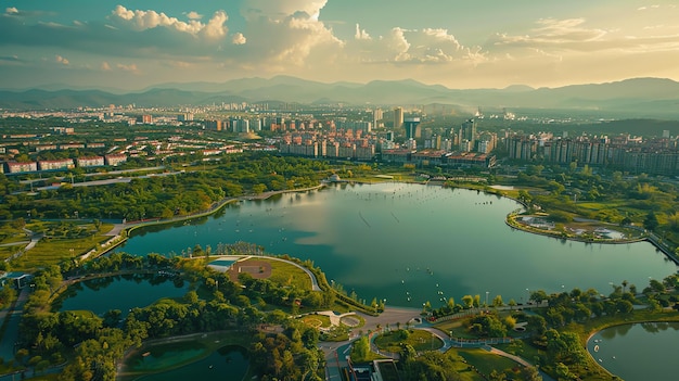 Uma bela vista aérea de um lago em um parque da cidade