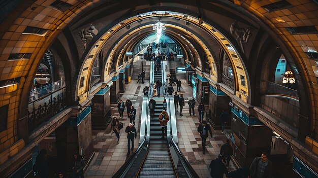 Foto uma bela vista da estação de comboios tirada nas escadas da estação subterrânea muitas pessoas a caminhar