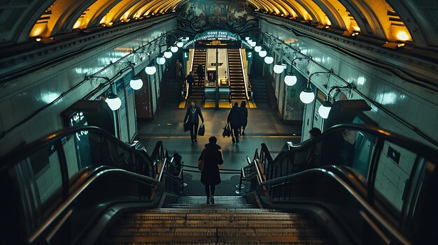 Uma bela vista da estação de comboios tirada nas escadas da estação subterrânea muitas pessoas a caminhar