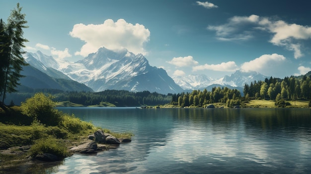 Uma bela vista das montanhas atrás do lago.