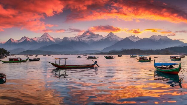 Foto uma bela vista de barcos coloridos no lago fewa, em pokhara, no nepal