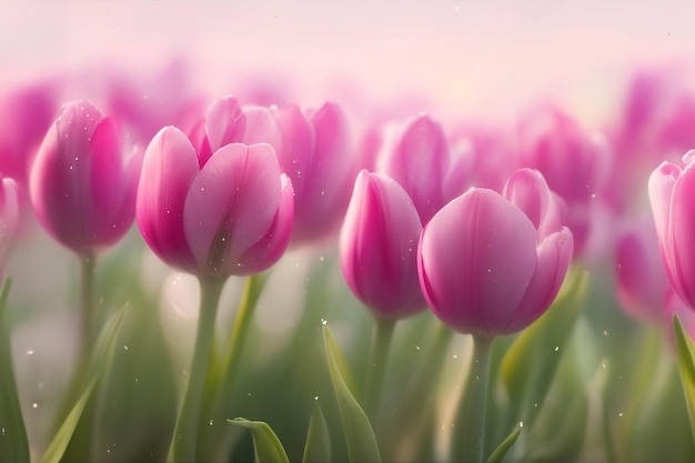 Uma bela vista de fundo de flores de tulipa cor-de-rosa florescendo no campo