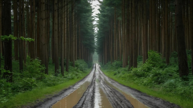 Uma bela vista de uma estrada lamacenta que atravessa as incríveis árvores altas