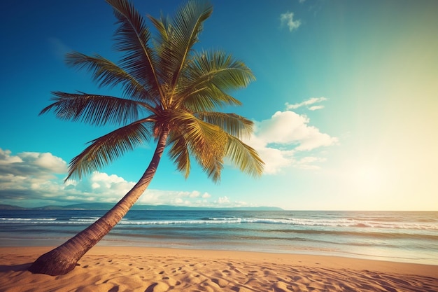 Uma bela vista de uma palmeira na idílica areia branca de Eagle Beach, em Aruba