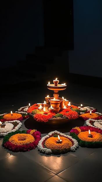 Uma bela vista de vários designs de iluminação dal coloridos com velas para Diwali