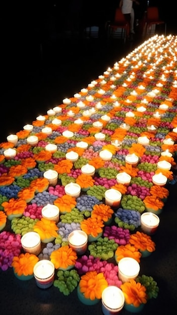 Uma bela vista de vários designs de iluminação dal coloridos com velas para Diwali