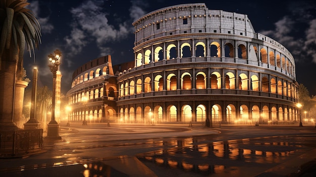 Uma bela vista do Coliseu à noite Roma Itália gerada por IA