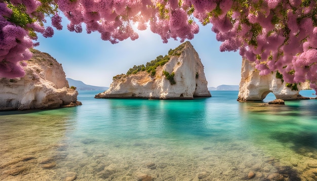 Foto uma bela vista do mar com uma árvore de cerejeira rosa em primeiro plano