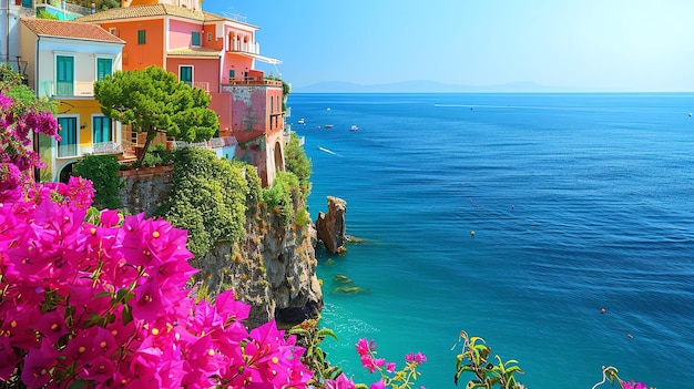 Uma bela vista do Mar Mediterrâneo de uma cidade à beira de um penhasco na Itália A cidade está cheia de edifícios coloridos e o mar é de um azul profundo