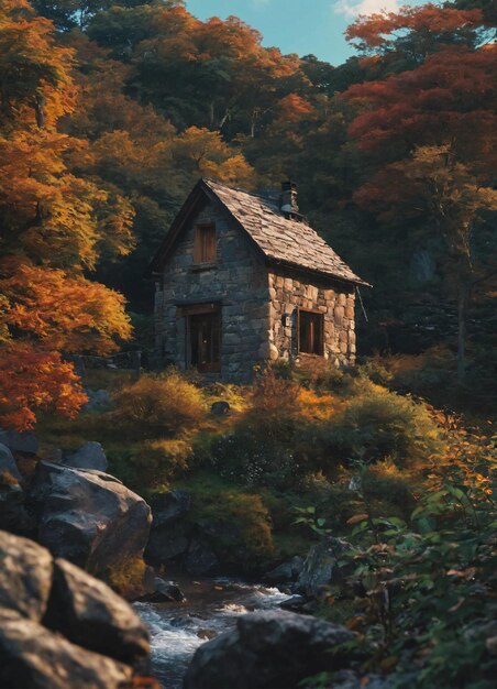 Foto uma bela vista e uma casa de pedra na floresta 8k