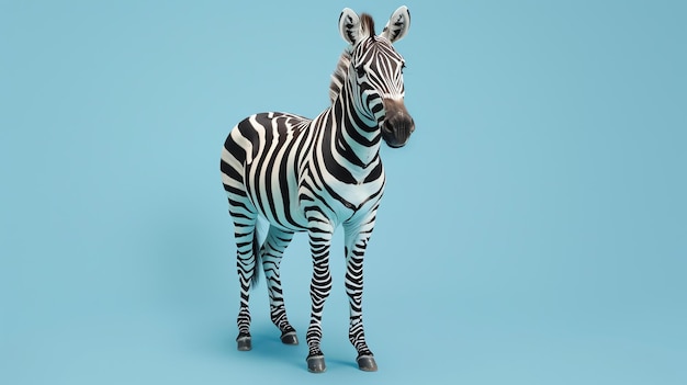 Uma bela zebra está sozinha no meio de um fundo azul