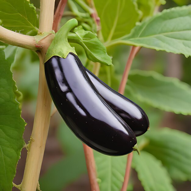 Foto uma berinjela está crescendo em uma planta