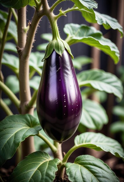 uma berinjela roxa está crescendo em uma planta