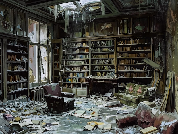 Foto uma biblioteca abandonada e desorganizada