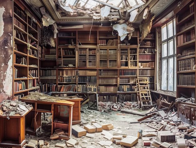 Uma biblioteca abandonada e desorganizada