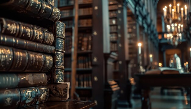 Foto uma biblioteca com muitos livros e velas em uma mesa