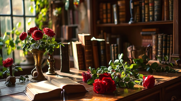 Uma biblioteca com um grupo de livros e rosas à luz do sol da noite IA generativa