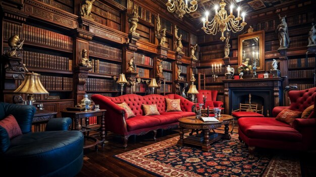 uma biblioteca com um sofá vermelho e uma estante de livros com uma estante vermelha e uma estande de livros
