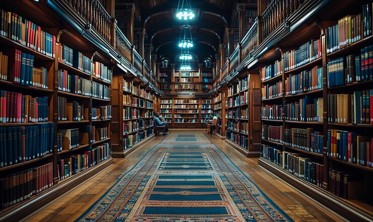 Foto uma biblioteca com um tapete no chão e uma pessoa no meio da sala com um tapede no chão