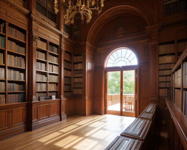 Uma biblioteca com uma grande janela que deixa o sol brilhar através dela.
