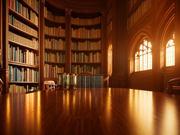 Uma biblioteca com uma mesa de madeira na frente dela e uma janela com o sol brilhando.